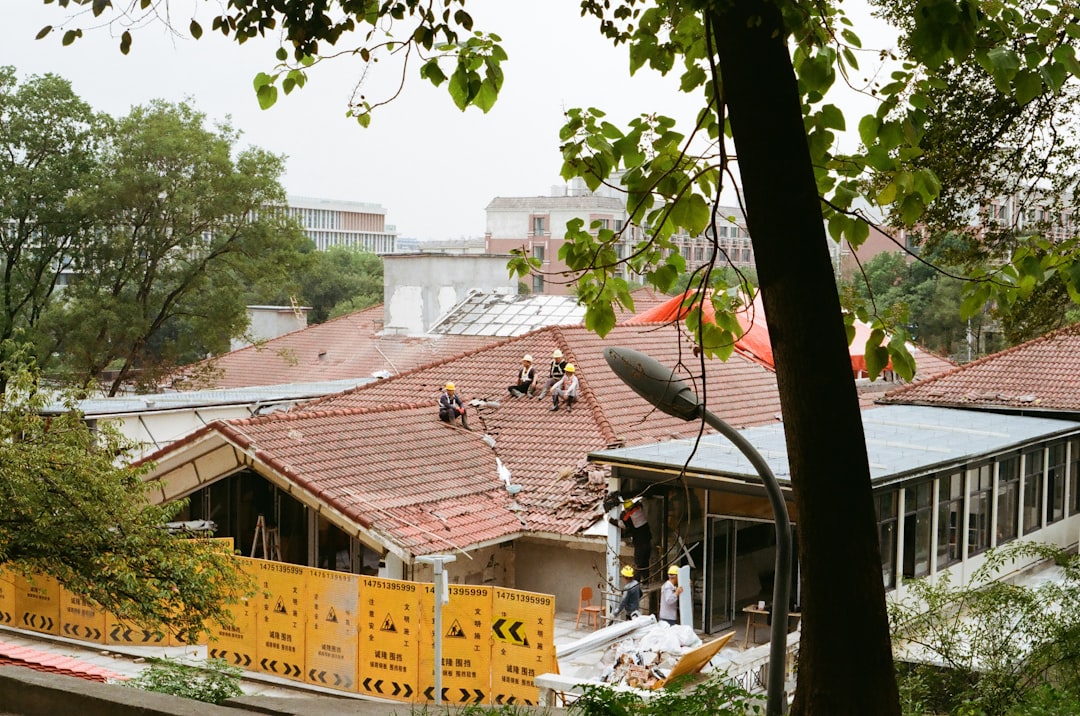 屋根点検を行う作業員が梯子を使って屋根に上がっている場面